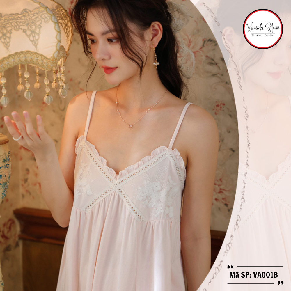 Váy ngủ 2 dây nữ họa tiết thêu ngực chất cotton cao cấp dáng dài Xumaki Store VA001B