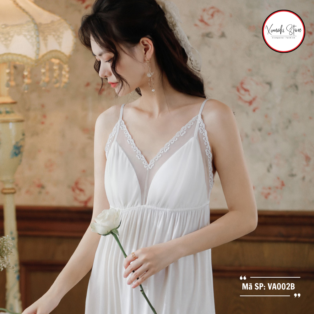 Váy ngủ nữ 2 dây phối voan ngực chất cotton cao cấp màu trắng dáng ngắn Xumaki Store VA002B