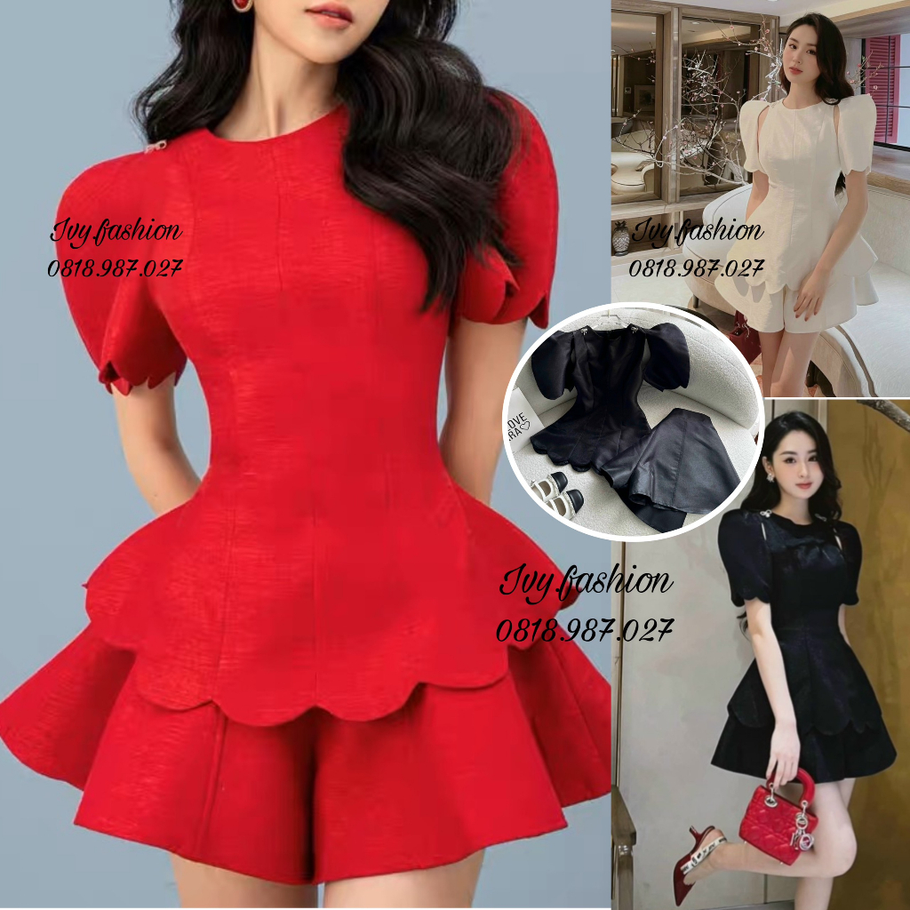 Set đầm váy xòe phồng 3D tay phồng cổ tròn chân váy xòe chữ A đỏ đen trắng dự tiệc cao cấp bigsize đi biển