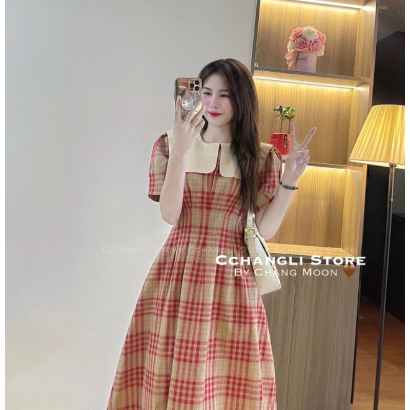 Váy kẻ phối cổ bèo chiết li eo 💝freeship💝Hàng thiết kế loại 1 phong cách Hàn Quốc
