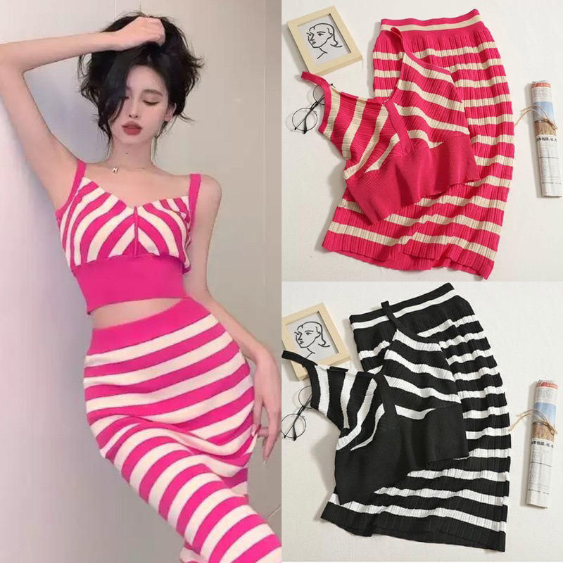 SET BỘ 2 DÂY CHÂN VÁY DÁNG DÀI LEN MONGTOGHI KẺ HỒNG SIÊU HOT