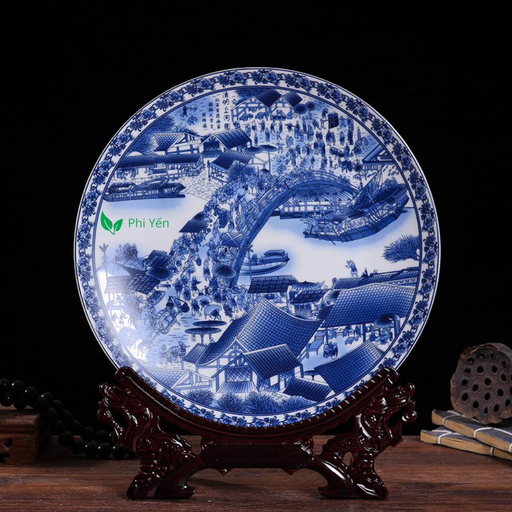 Đĩa sứ 25cm, Đĩa tranh gốm sứ Cảnh Đức, Đĩa trưng bày trang trí  siêu đẹp + combo giá đỡ