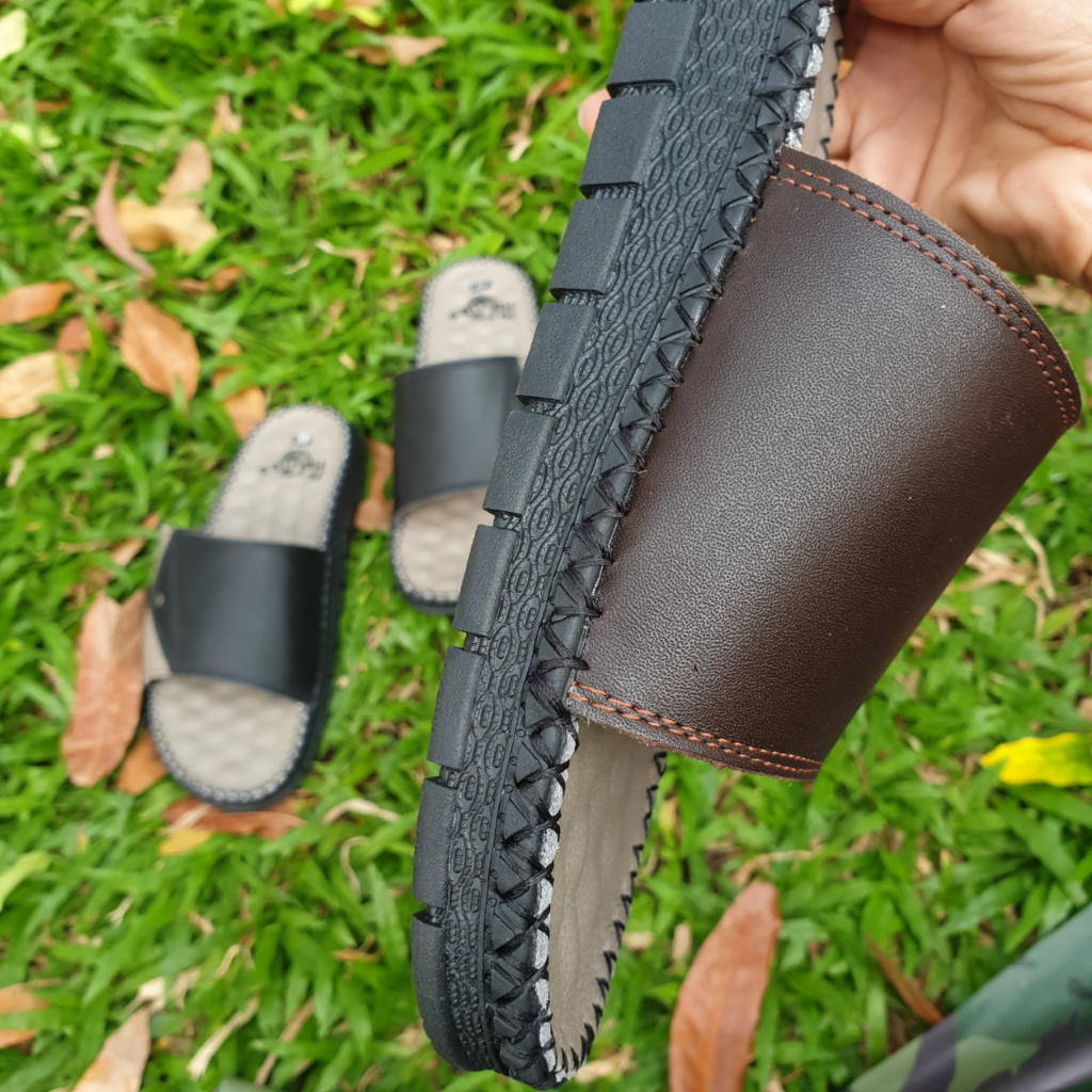 Dép nam, dép da quai ngang da bò cao cấp phối 2 màu da trẻ trung chất da mềm mại CHYACHY C208