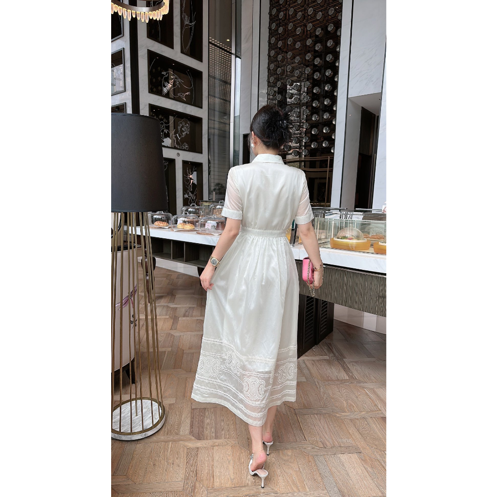 Váy midi nữ ngắn tay vải tencel Celine kẻ sọc thanh lịch