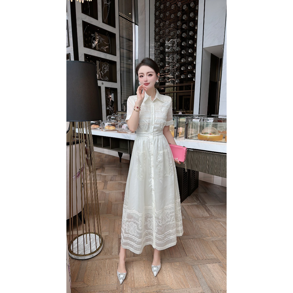 Váy midi nữ ngắn tay vải tencel Celine kẻ sọc thanh lịch