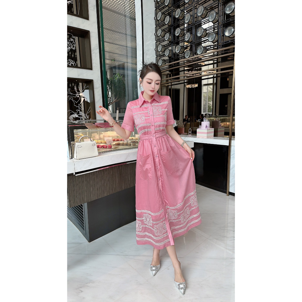 Váy midi nữ ngắn tay vải tencel Celine kẻ sọc thanh lịch