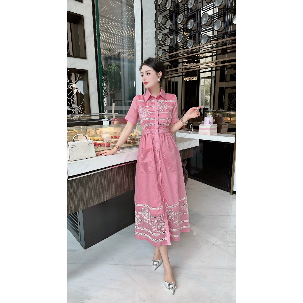 Váy midi nữ ngắn tay vải tencel Celine kẻ sọc thanh lịch