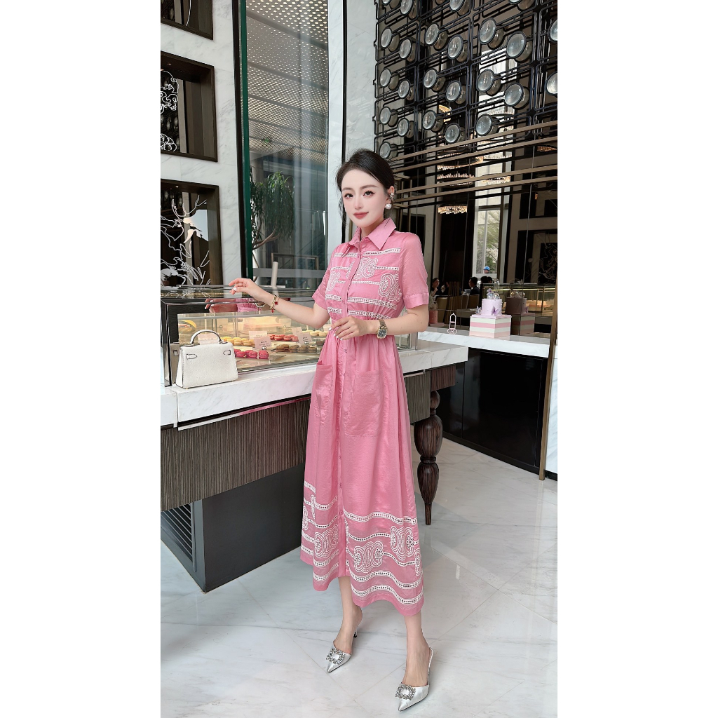 Váy midi nữ ngắn tay vải tencel Celine kẻ sọc thanh lịch