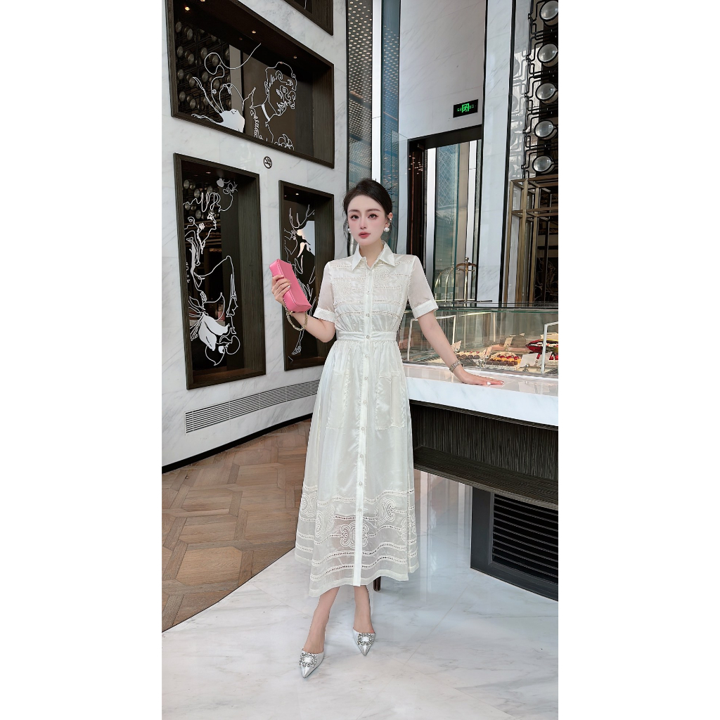 Váy midi nữ ngắn tay vải tencel Celine kẻ sọc thanh lịch