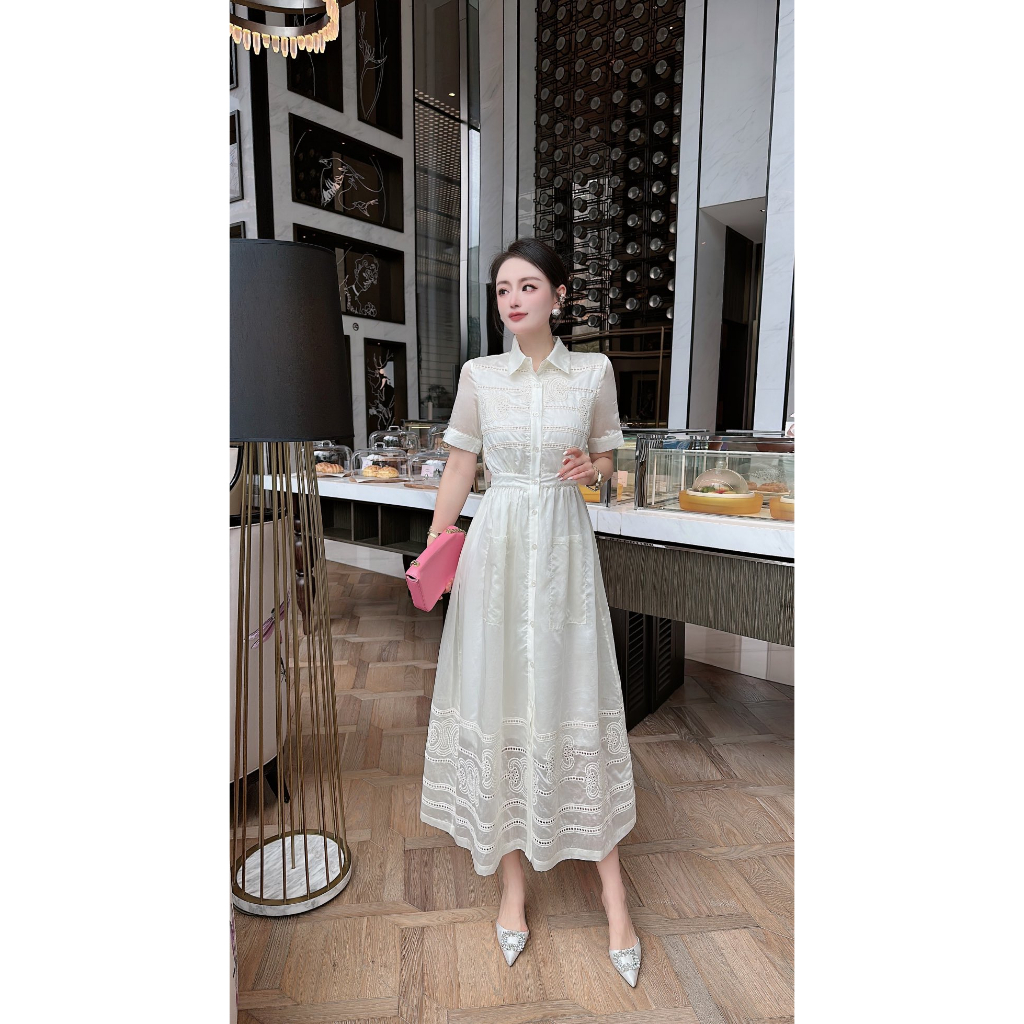 Váy midi nữ ngắn tay vải tencel Celine kẻ sọc thanh lịch