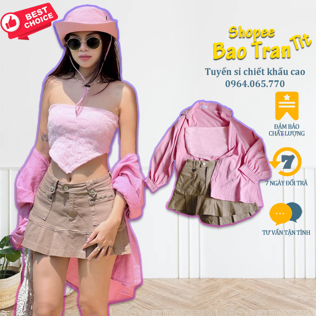 Set sơ mi hồng kèm áo ống chân váy nâu kaki xếp ly - Kho tuyển sỉ ưu đãi chiết khấu tốt