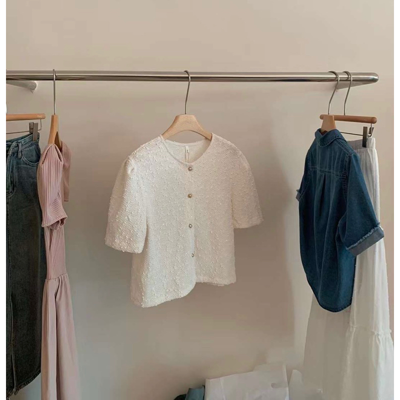 Áo Sơ Mi Kiểu Cổ Tròn Cúc Đồng Mùa Hè Phong Cách Hàn Quốc Vintage