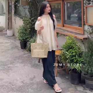 Áo trễ vai cổ yếm babydoll nữ kiểu khoét hở vai tay bồng voan