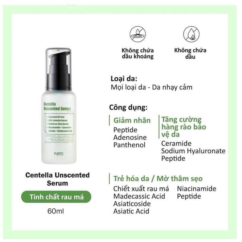 Tinh chất rau má không mùi Purito Centella Unscented Serum 60ml