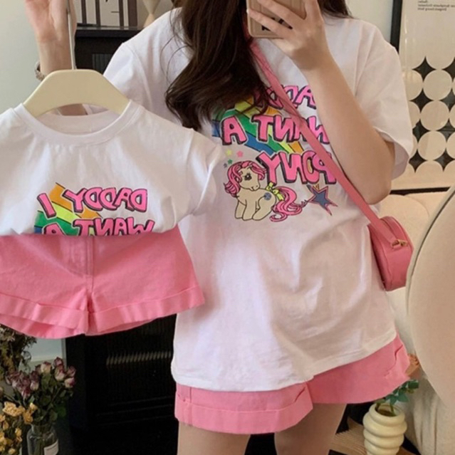 Set đồ đôi mẹ và bé gồm áo thun cotton kèm quần short kaki tone hồng hot trend năng động dễ mặc đi chơi đi dạo (10-75kg)