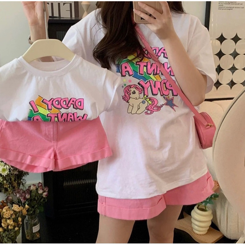 Set đôi mẹ và bé gái: áo thun cotton kèm quần short kaki tone hồng hot trend năng động dễ mặc đi chơi đi dạo (10-75kg)