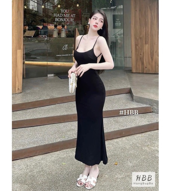 Đầm hai dây maxi đuôi cá body nữ, váy dáng dài sang chảnh 2dây tôn dáng màu đen VD355
