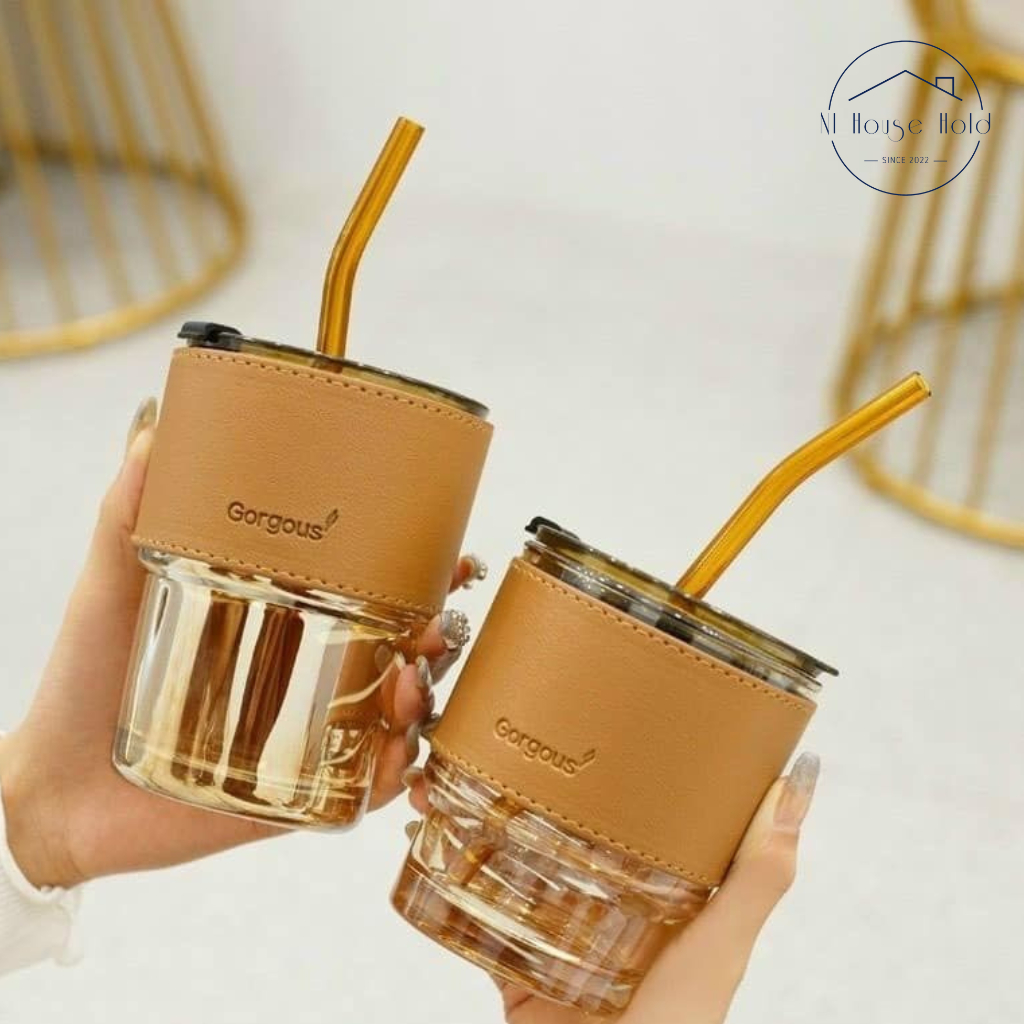 Cốc Thủy Tinh GorGous Bọc Da Có Nắp Kèm Ống Hút