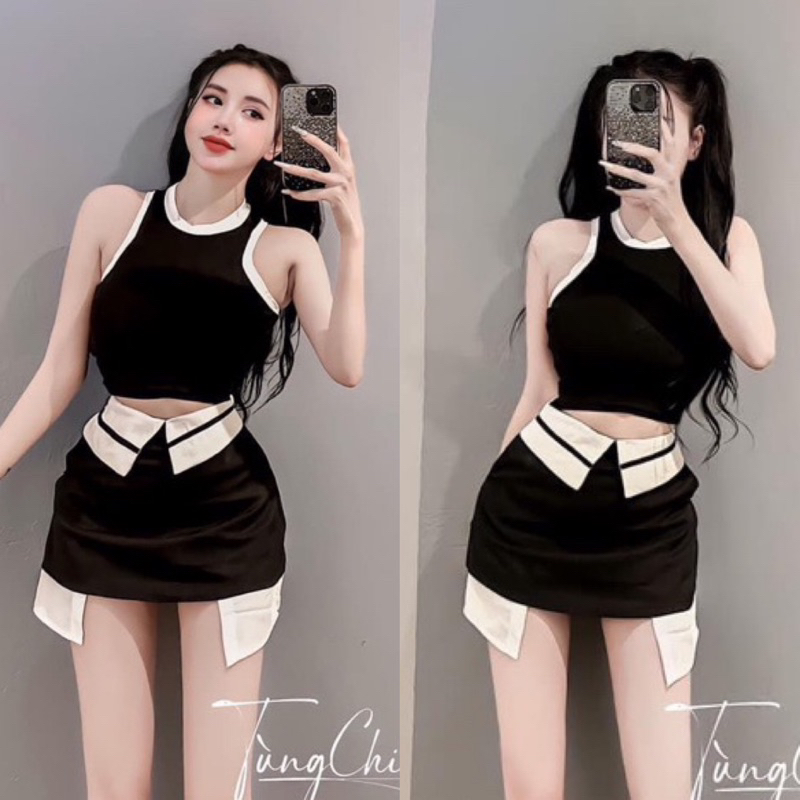 Set Bộ Cá Tính Áo Thun Croptop Viền Kèm Chân Váy Túi Thòng Phối Đai Trắng Tam Giác