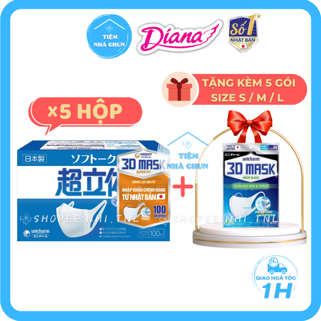 - BỘ 5 HỘP 100 miếng Khẩu trang Unicharm 3D Mask Super Fit ngăn khói bụi Nhật Bản