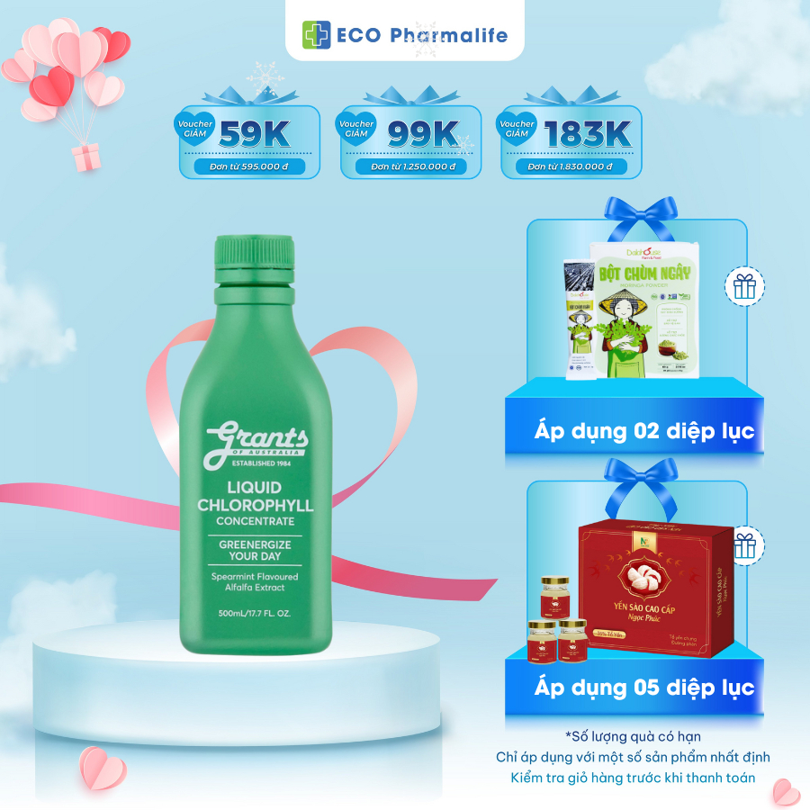 (Hết hàng) Nước diệp lục cô đặc Grants bổ sung chất xơ, vitamin, hỗ trợ giảm căng thẳng, mệt mỏi và bảo vệ gan
