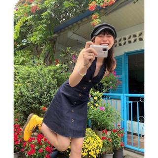 ĐẦM JEAN DENIM CỔ YẾM HỞ LƯNG PHỐI NÚT