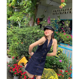 ĐẦM JEAN DENIM CỔ YẾM HỞ LƯNG PHỐI NÚT