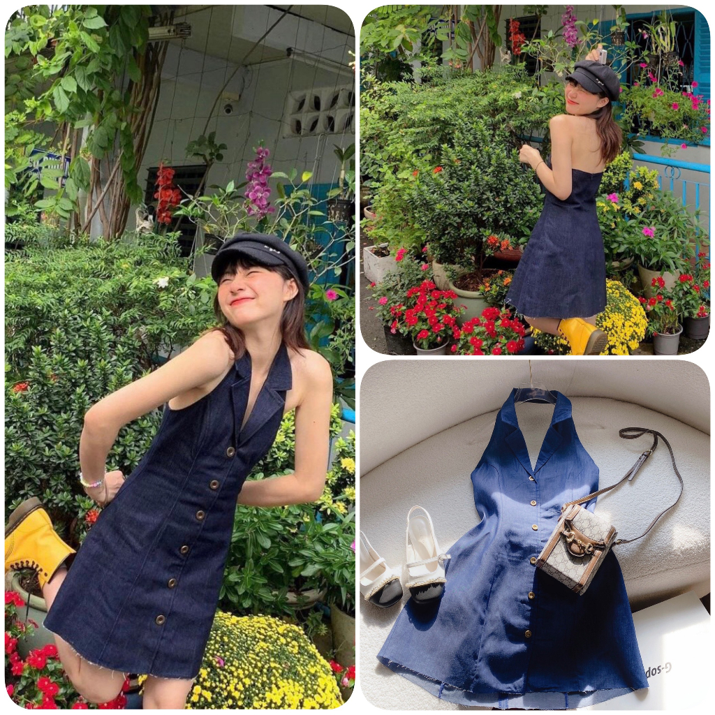 ĐẦM JEAN DENIM CỔ YẾM HỞ LƯNG PHỐI NÚT