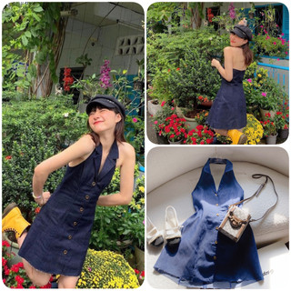 Đầm jean denim cổ yếm hở lưng phối nút