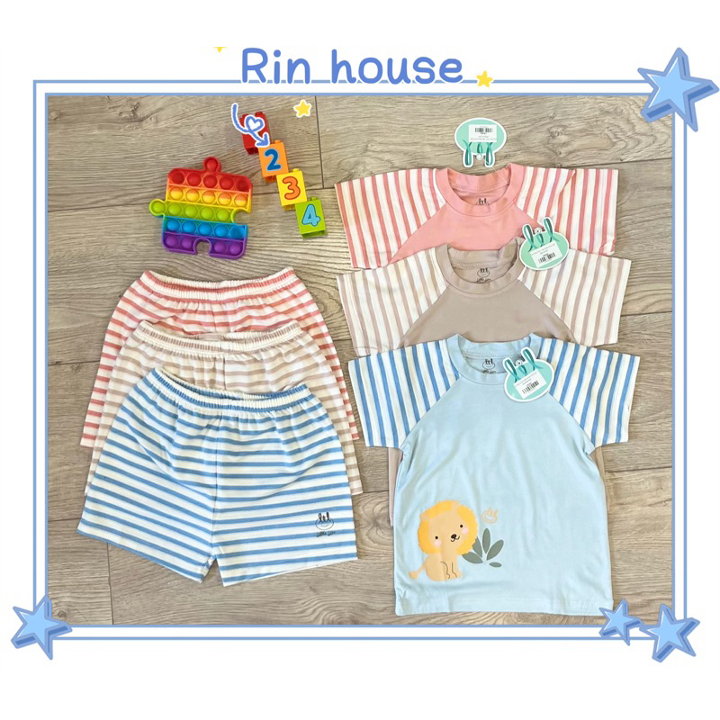 Little love Bộ quần áo cộc tay 2023 vải petit phối kẻ cho bé từ 3m đến 4y little love