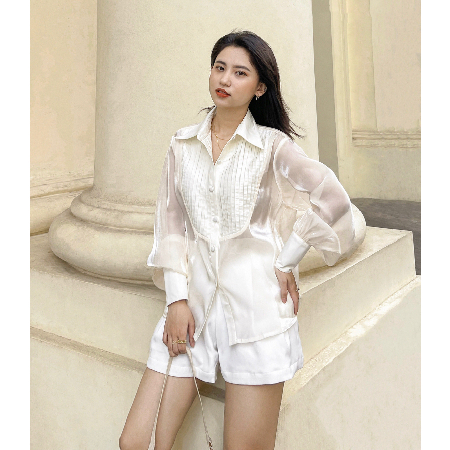 Áo sơ mi kem organza xếp ly Creamy Camille Stripe Shirt