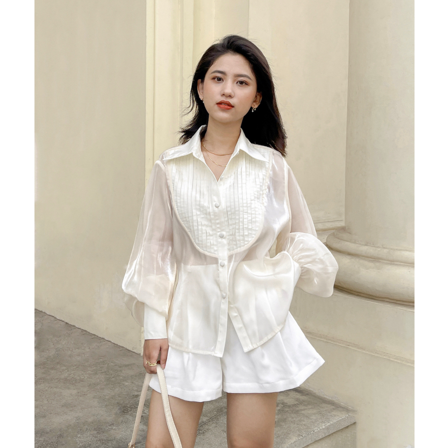 Áo sơ mi kem organza xếp ly Creamy Camille Stripe Shirt