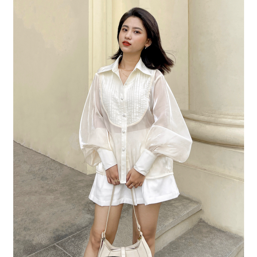 Áo sơ mi kem organza xếp ly Creamy Camille Stripe Shirt