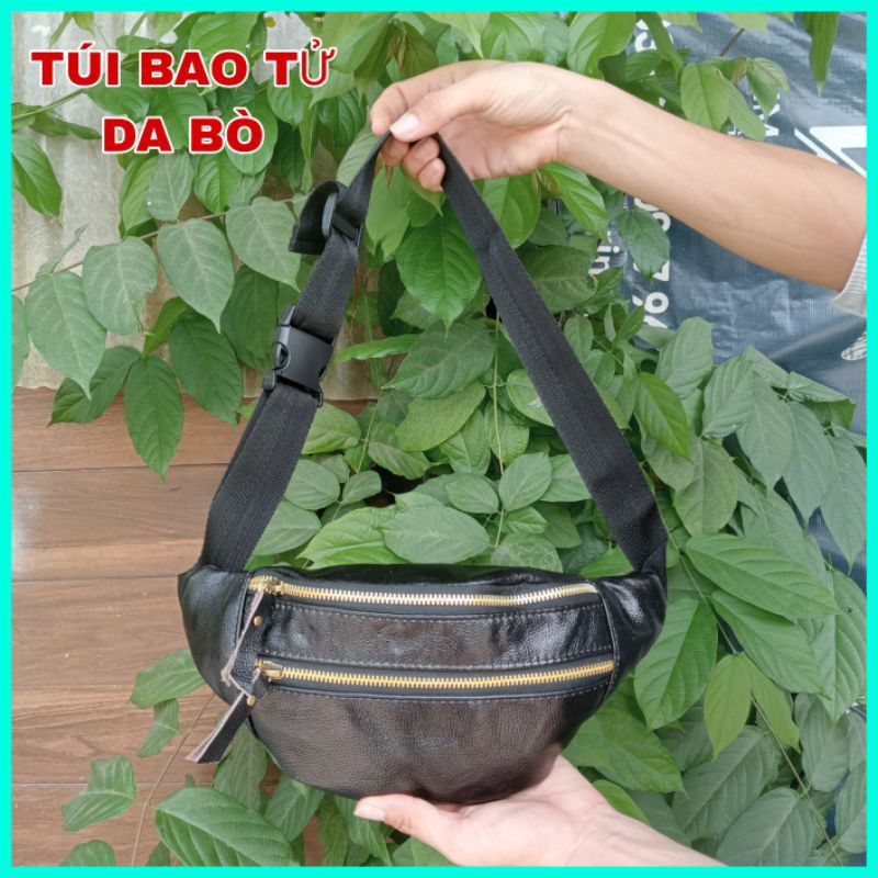 Túi bao tử nam da bò nguyên miếng cao cấp, khoá kéo đồng chất da mềm màu đen