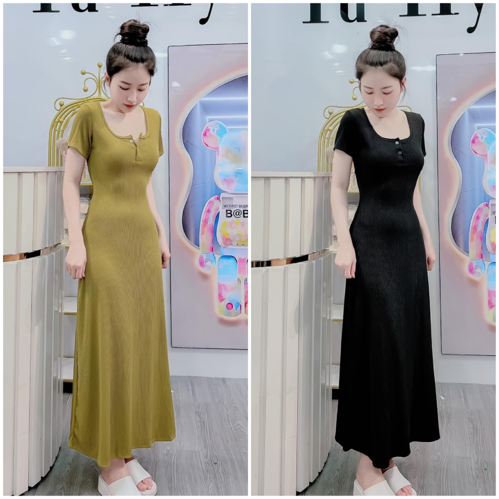 Đầm váy body nữ cổ vuông gài nút mix dáng váy ôm dài tôn dáng dành cho các nàng dạo phố, đi chơi siêu xinh, trẻ trung.