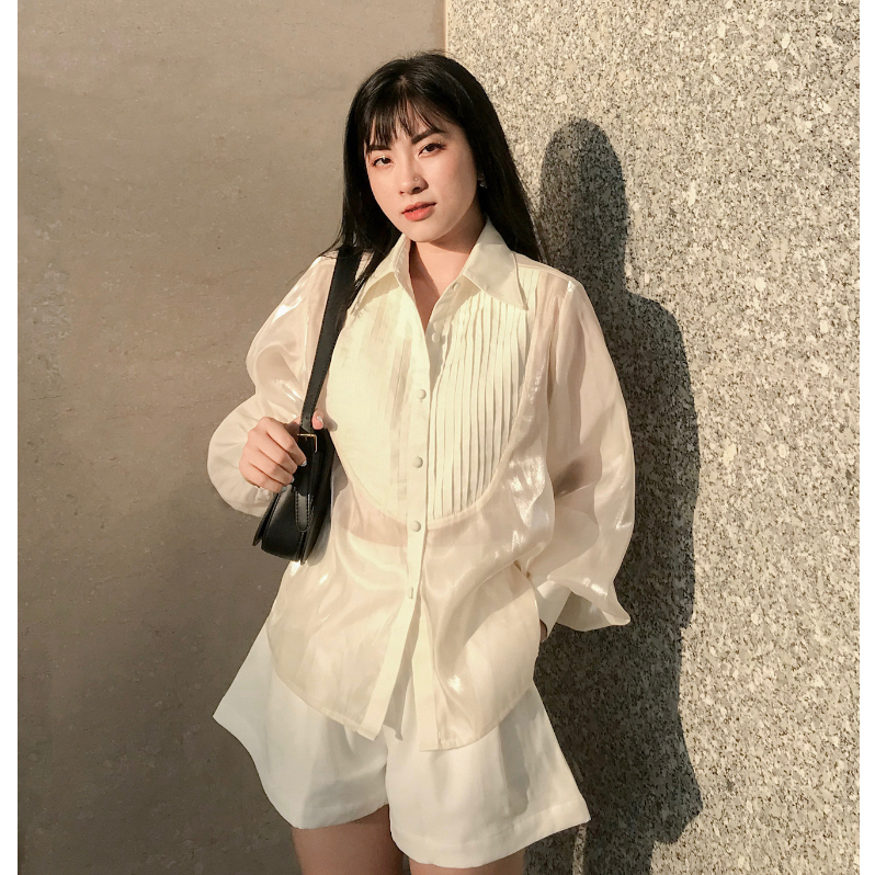 Áo sơ mi kem organza xếp ly Creamy Camille Stripe Shirt
