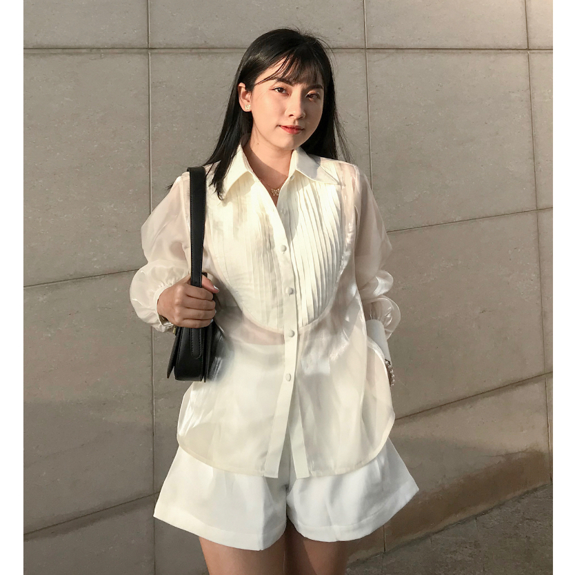 Áo sơ mi kem organza xếp ly Creamy Camille Stripe Shirt