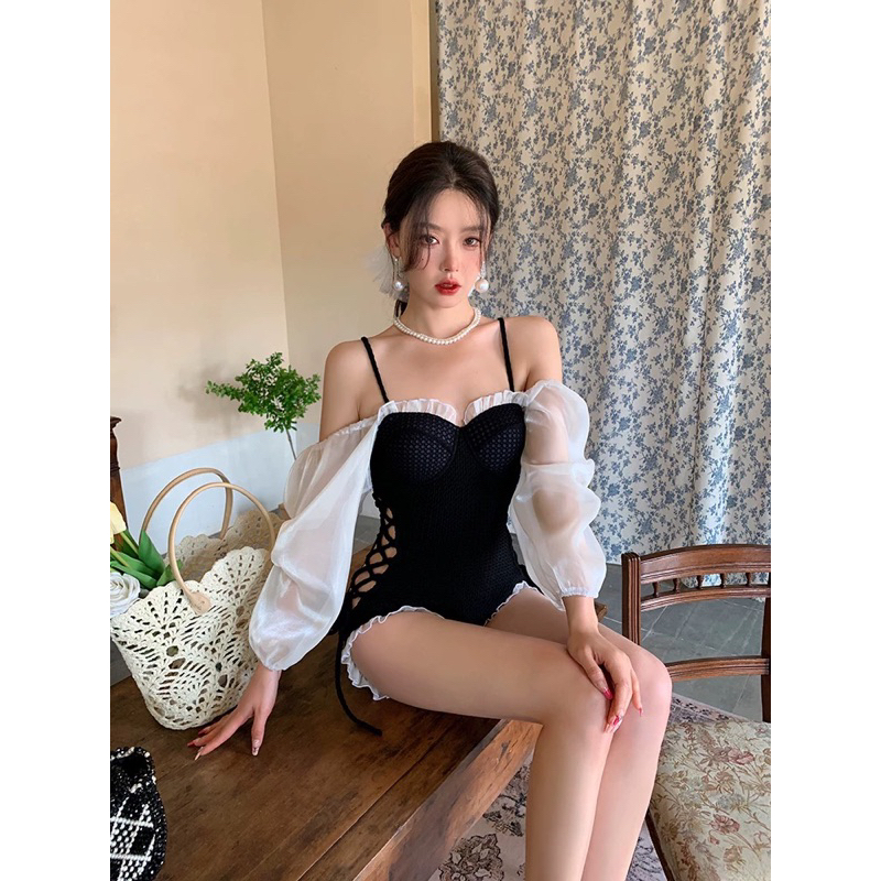 Bikini dài tay liền thân sexy, đồ bơi nữ tay bèo tháo rời mặc 3 kiểu