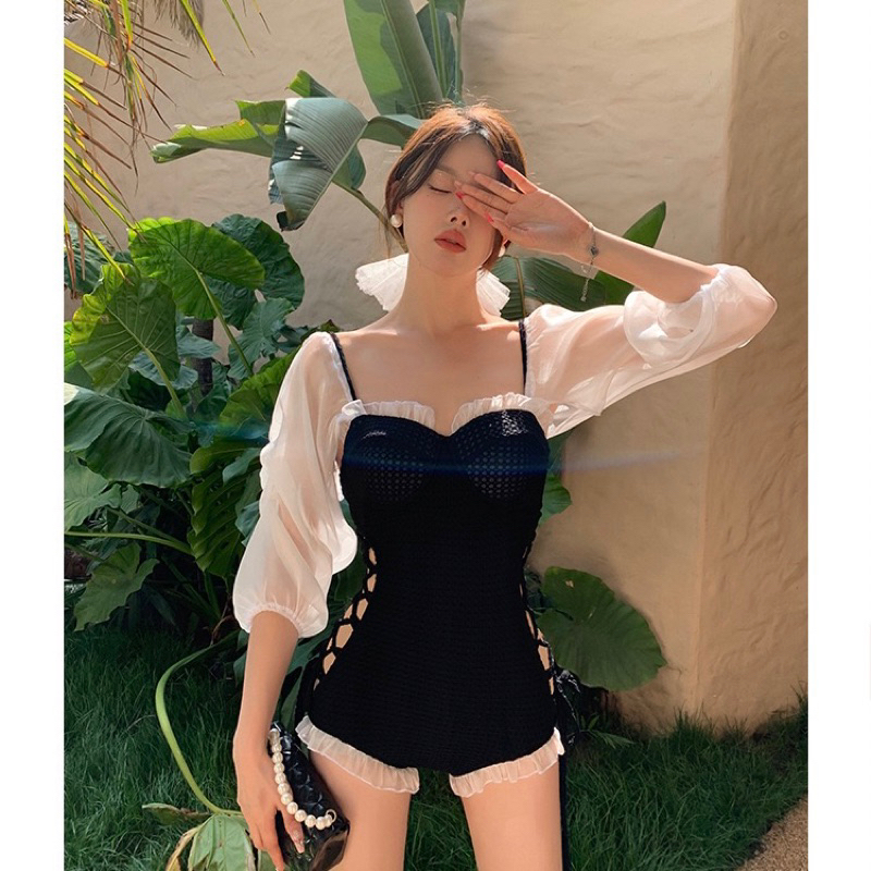 Bikini dài tay liền thân sexy, đồ bơi nữ tay bèo tháo rời mặc 3 kiểu