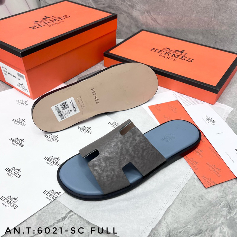 Dép HM bản đế gỗ quai da màu ghi đá trẻ trung hàng fullbox