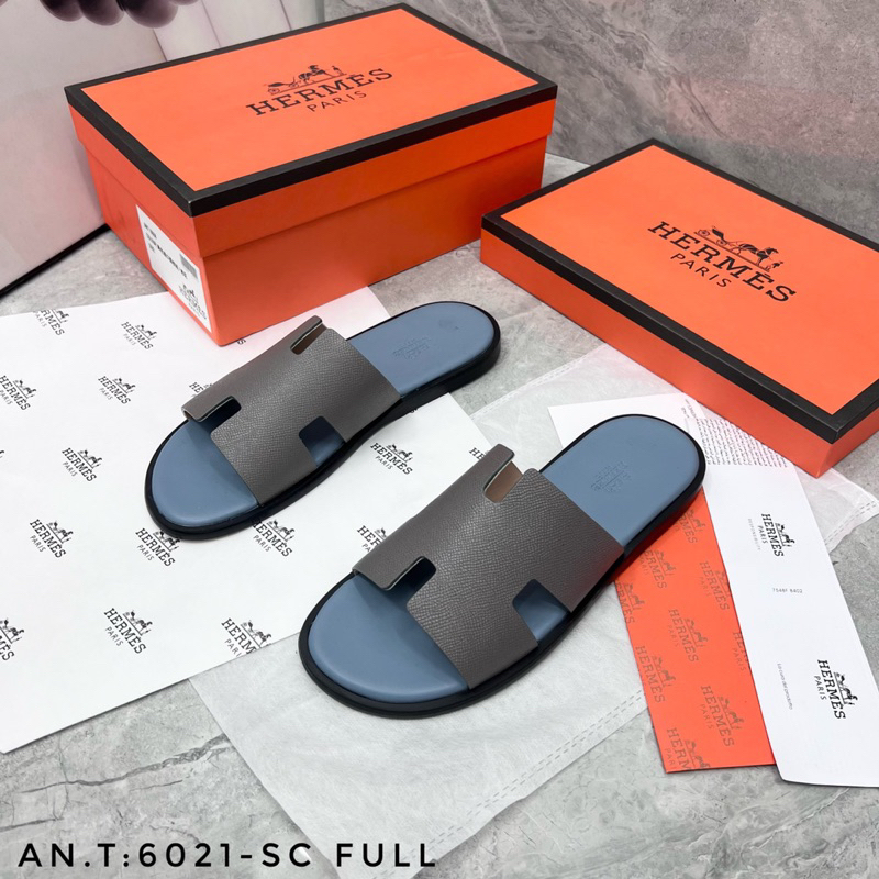 Dép HM bản đế gỗ quai da màu ghi đá trẻ trung hàng fullbox