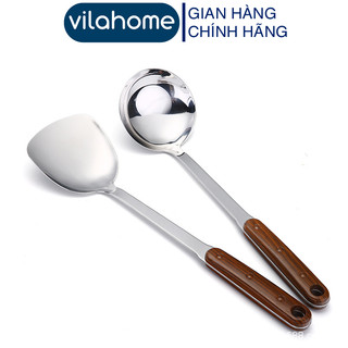 Muỗng canh inox vilahome, xẻng xào inox cán nhựa vân gỗ dài chống nóng múc canh, xào nấu thức ăn