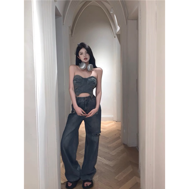 ( ORDER ) Đồ Bay Jumsuit Bò Jean Denim Quây Cúp Ngực Quần Ống Suông