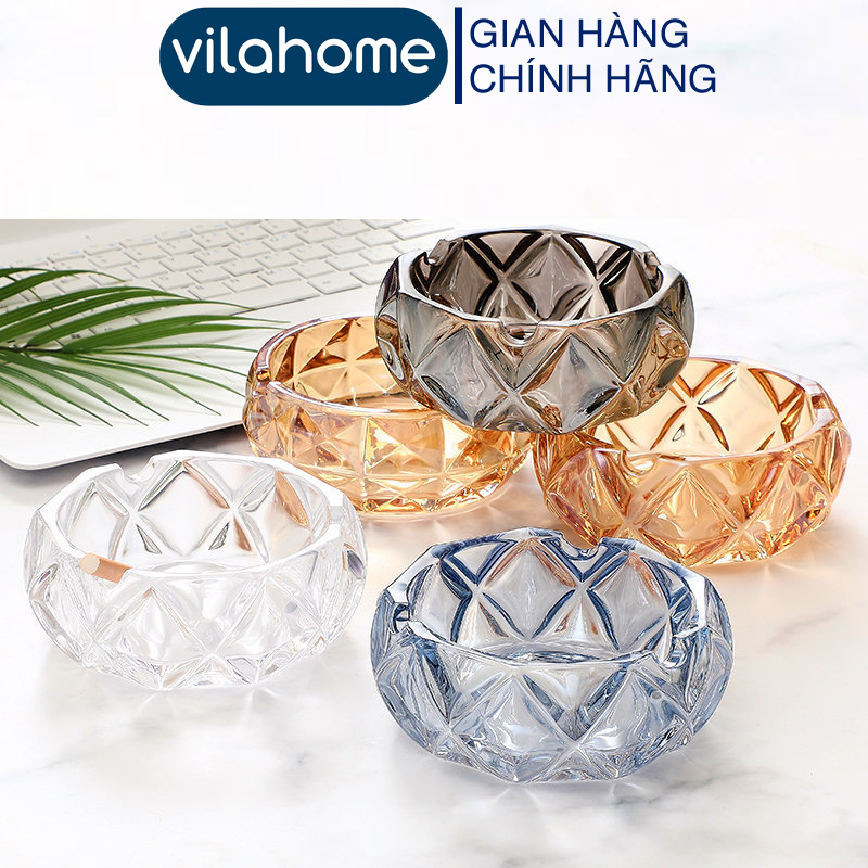 Gạt Tàn Thuốc Thủy Tinh Cao Cấp VilaHome, Đường Kính Tròn 12cm, Chất Liệu Thủy Tinh Dày Trong Suốt Bền Đẹp 1PC.