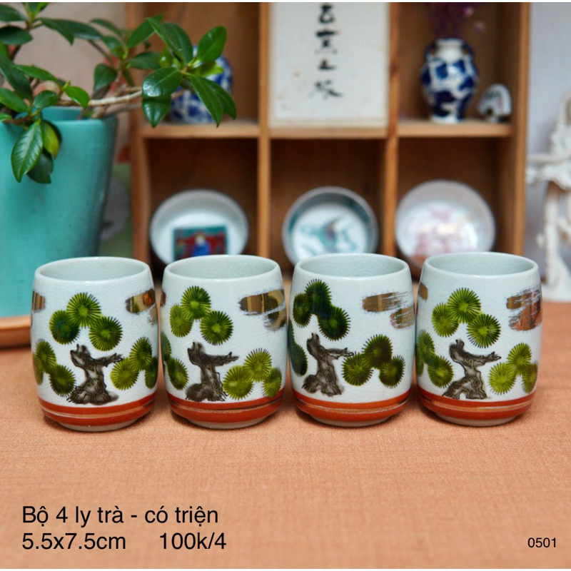 Bộ 4 Ly Trà Kutani Vẽ Tùng - Gốm Sứ Nhật Bản