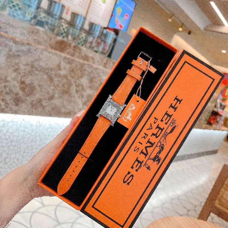 Đồng Hồ Nữ Herme.s Dây Da Mặt Vuông Đính Đá Size 28 Fullbox