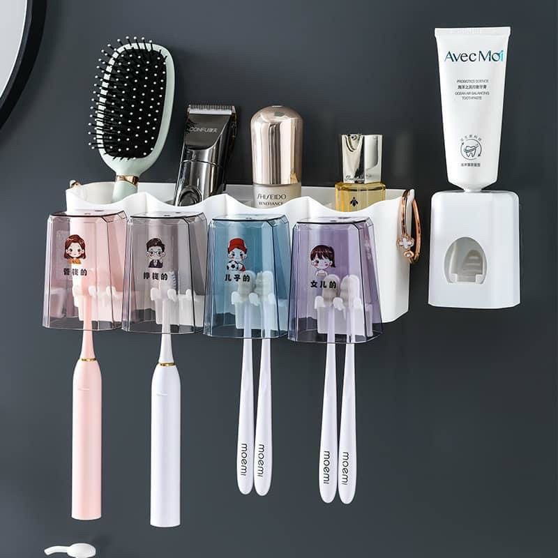 Giá treo bàn chải đánh răng dán tường kèm 4 cốc cao cấp và đồ nặn kem - Kệ để bàn chải nhả kem đánh răng Full bộ 4 ly
