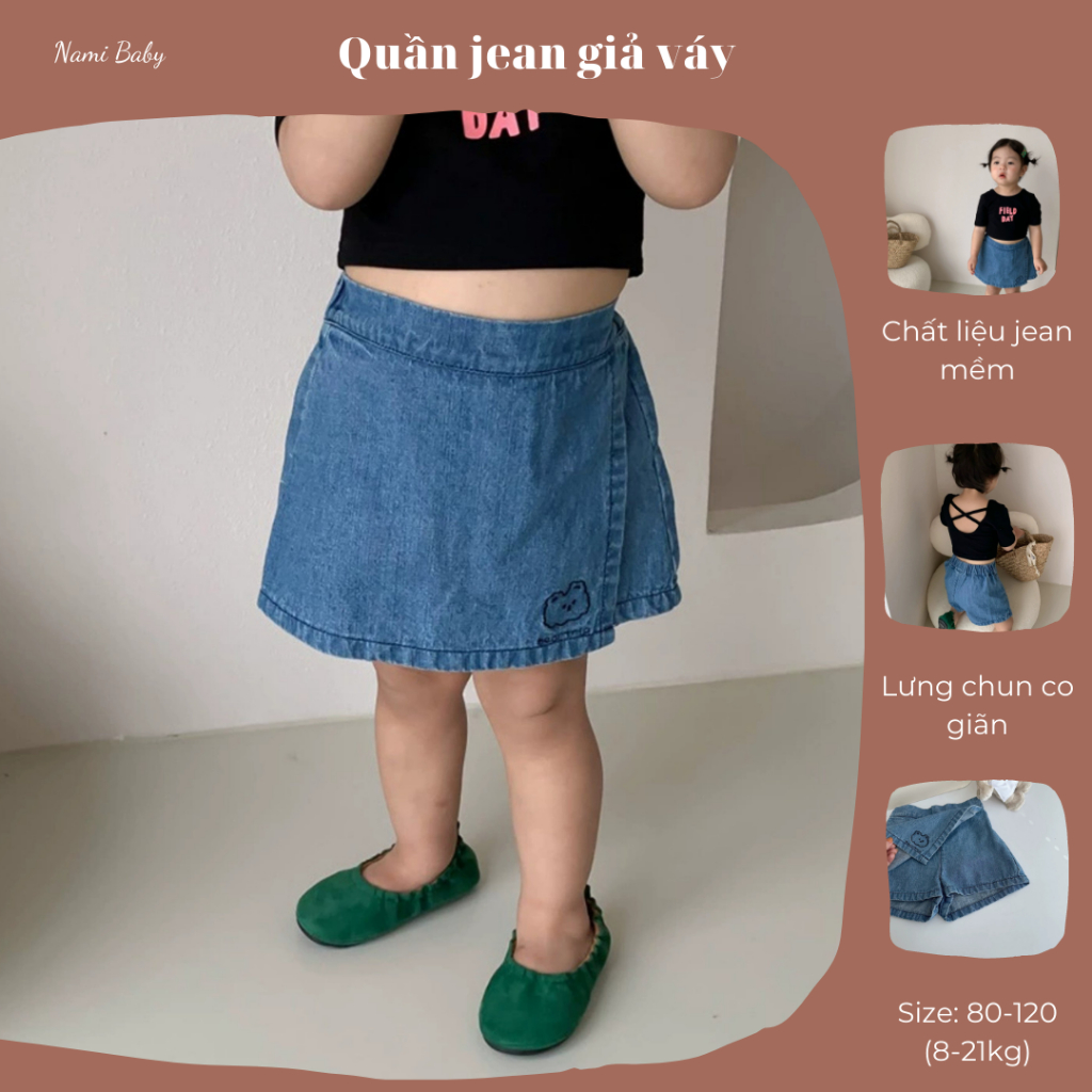 (HÀNG CÓ SẴN) Quần giả váy thêu gấu jean phong cách Hàn Quốc cho bé gái Nami Baby