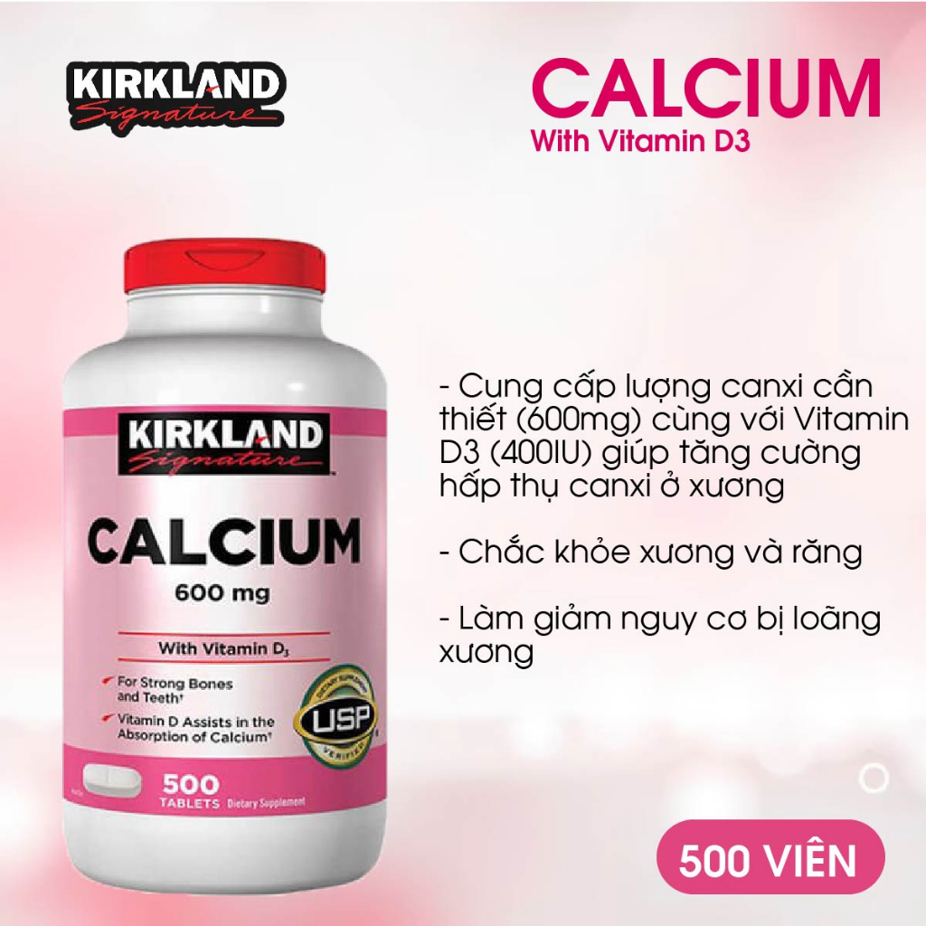 Viên uống bổ sung canxi Kirkland Signature Calcium 600mg + D3 giúp xương chắc khỏe, phòng chống loãng xương 500 viêN