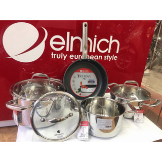 Bộ nồi chảo elmich inox 304 cao cấp 3 lớp đáy liền Trimax XS EL-3744 size 18, 20, 24, chảo 26cmv